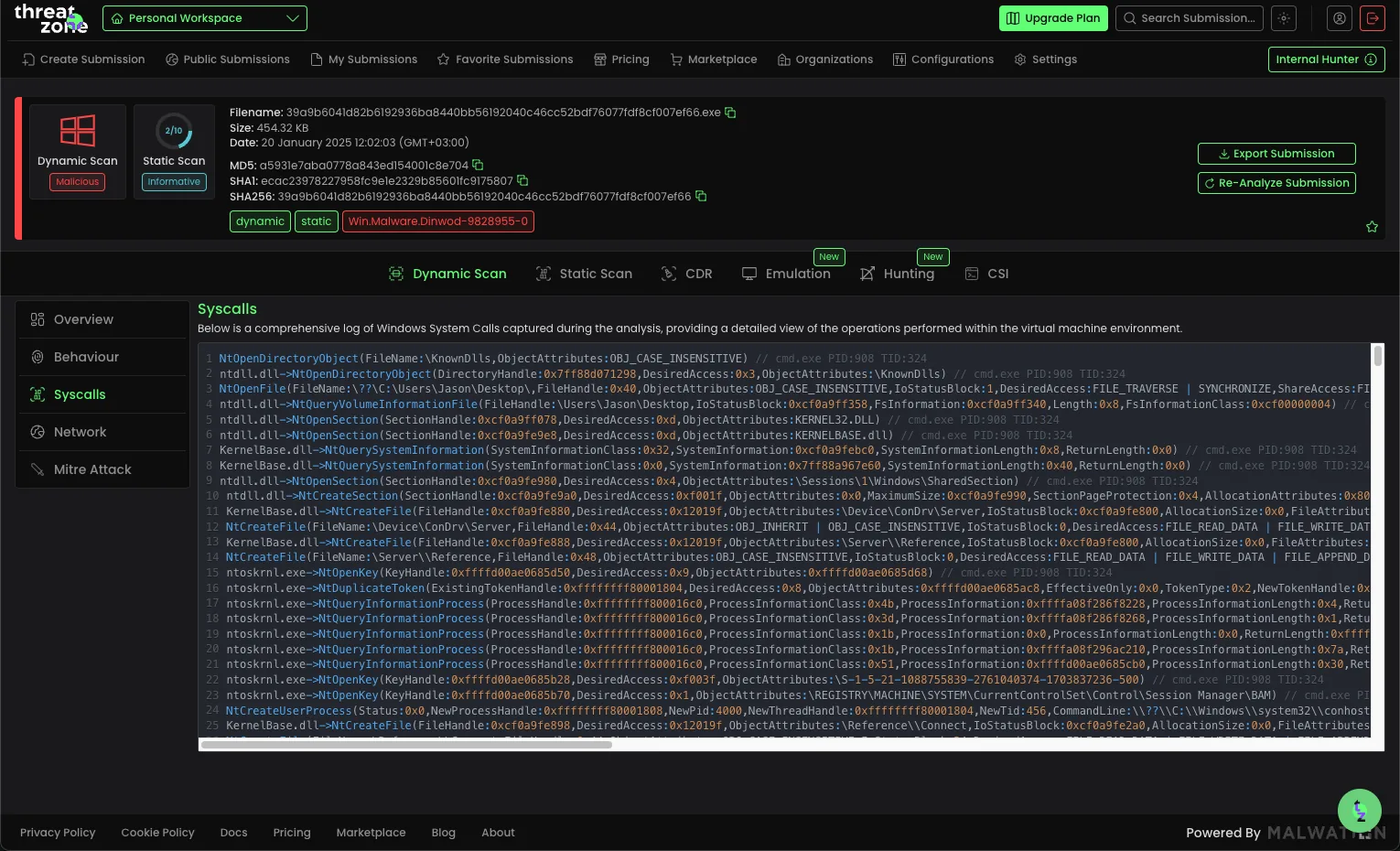 Syscalls report's screenshot see sample