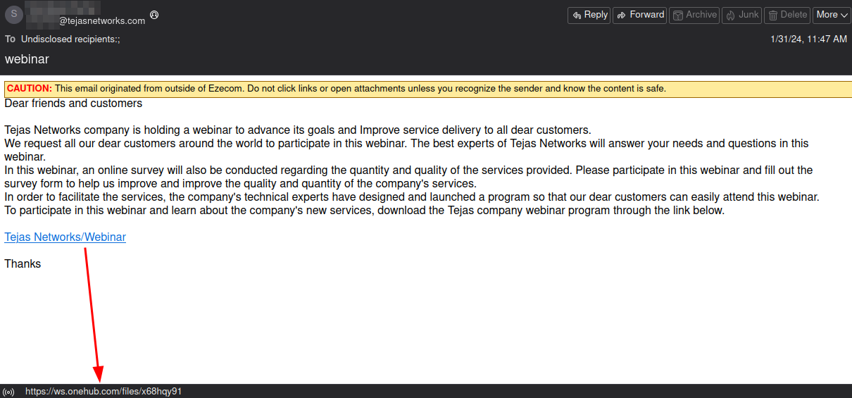 Figure 1. A phishing email was sent to victims via email by hacking into the employee's account. The email contains a download link.
