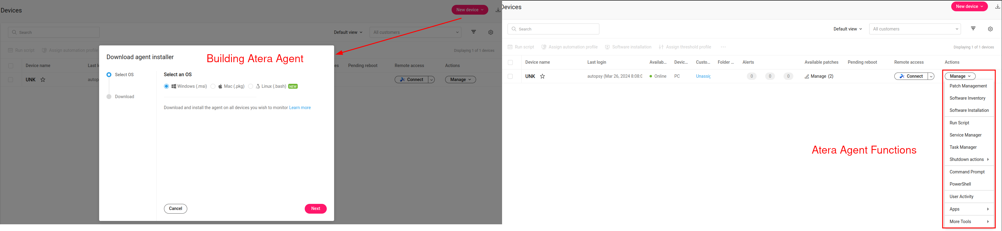 Figure 5. Looking at a sample Atera build and management functions after installation.